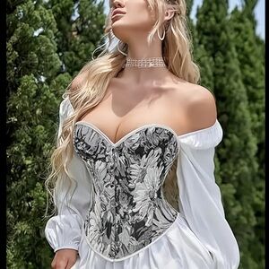 Floral Black and White Denim Corset Top Adjustable Straps, Lace-Up Back
